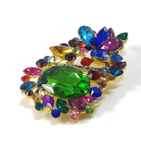 Large Multicolored Rhinestone Gold Tone Brooch, Jewel Colors, 3 Inches - Picture 5 of 5